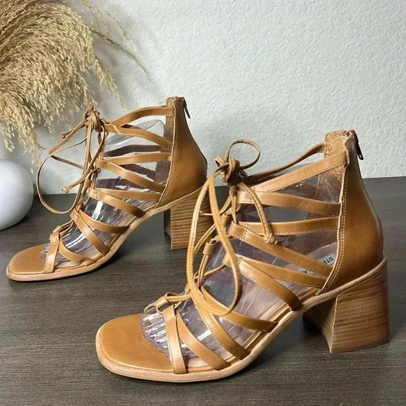 Steve Madden Tan Lace-Up Block Heel Gladiator Cherrie Sandals - Picture 1 of 10